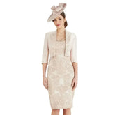 New Exquisite Mother of the Bride Dresses Lace Mother Gowns Knee Length with Jacket Two Pieces Wedding Party Dress Nude